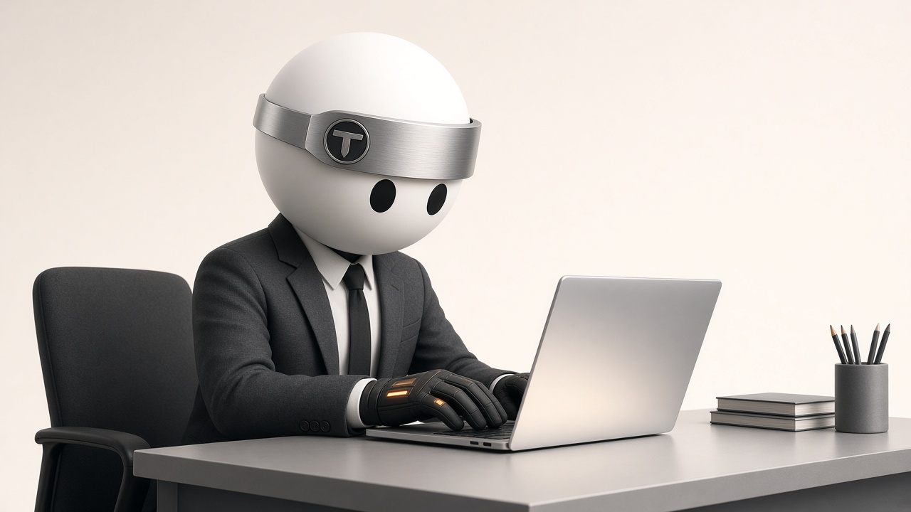 Agent Desk AI worker investigating at a laptop